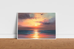 Printable ocean sunset sunrise landscape Oil Painting, Vintage Landscape Print, Wall Art, Seaside painting, Seascape print, Digital Download