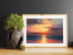 Printable ocean sunset sunrise landscape Oil Painting, Vintage Landscape Print, Wall Art, Seaside painting, Seascape print, Digital Download