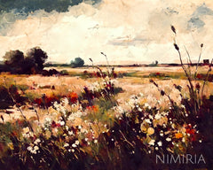Printable Wildflower Field Landscape Oil Painting, Vintage Landscape Art Print, Country Field Wall Art Digital Download, Vintage art, Rural