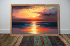 Printable ocean sunset sunrise landscape Oil Painting, Vintage Landscape Print, Wall Art, Seaside painting, Seascape print, Digital Download